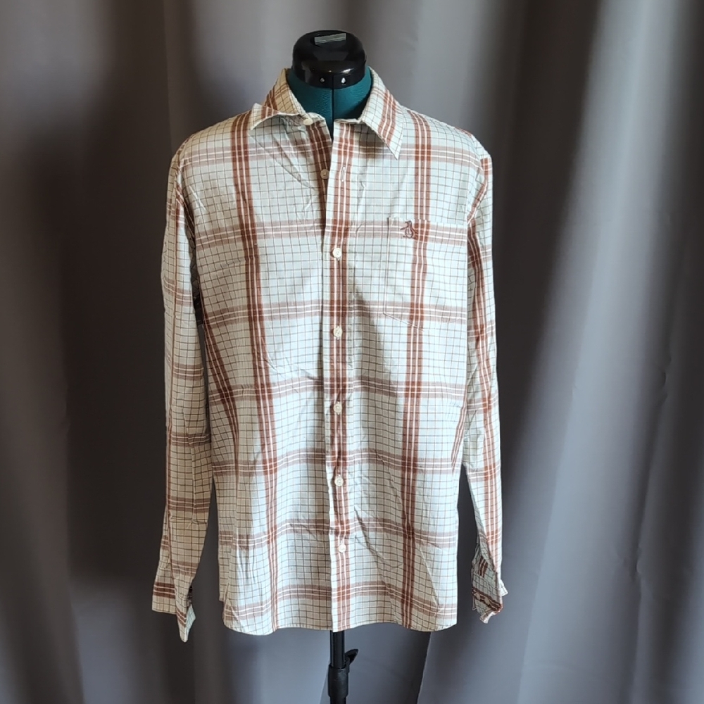Original Penguin Men's Casual Button Down Shirt - Brown and Light Blaid